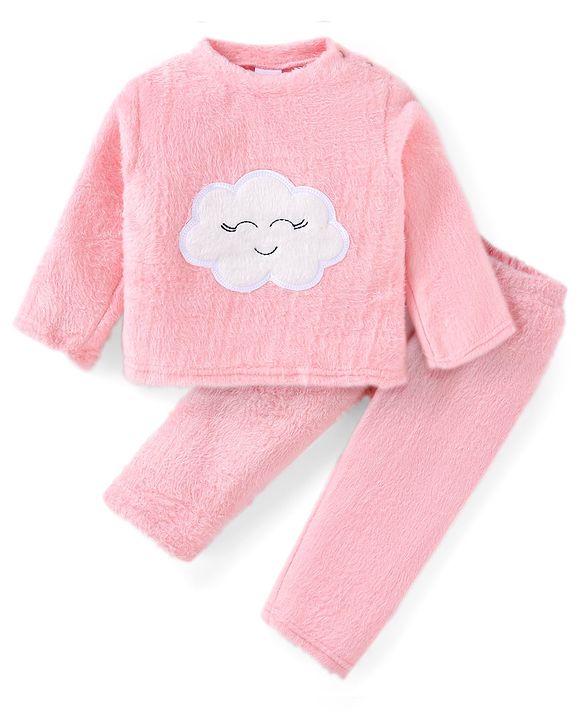 Babyhug Velour Knit Full Sleeves Winter Wear Night Suit with Cloud Patch - Pink
