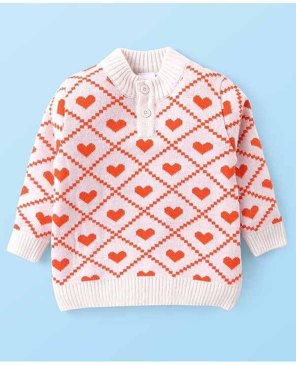 Babyhug Knit Full Sleeves Sweater Set with Heart Design -Orange & Off White