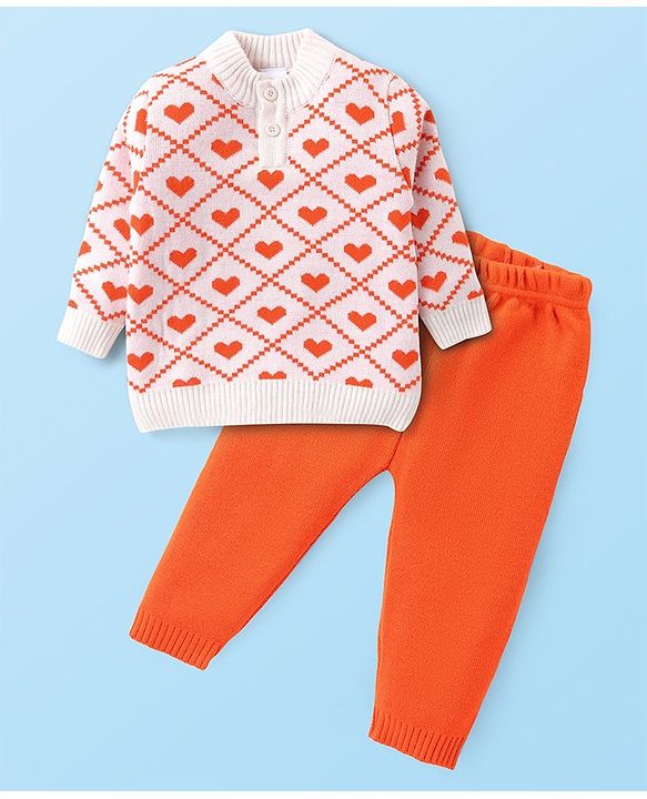Babyhug Knit Full Sleeves Sweater Set with Heart Design -Orange & Off White