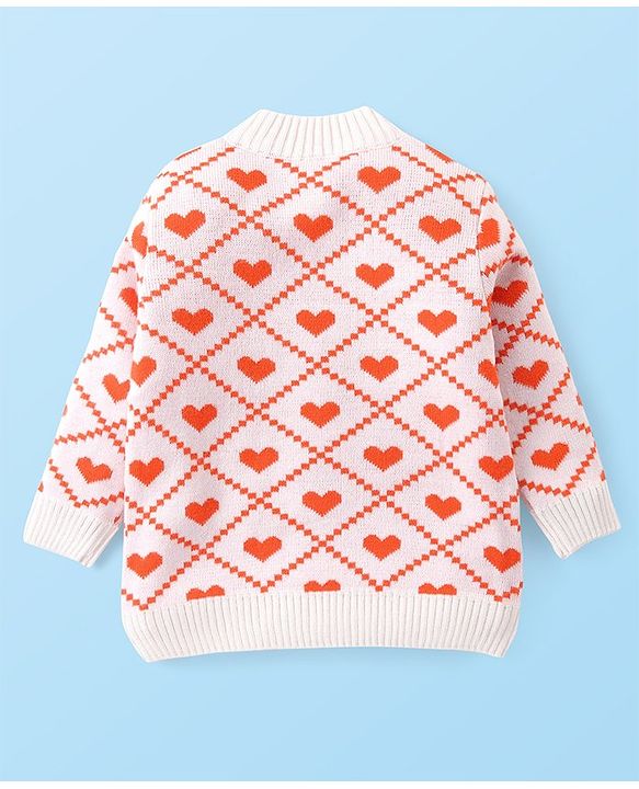 Babyhug Knit Full Sleeves Sweater Set with Heart Design -Orange & Off White