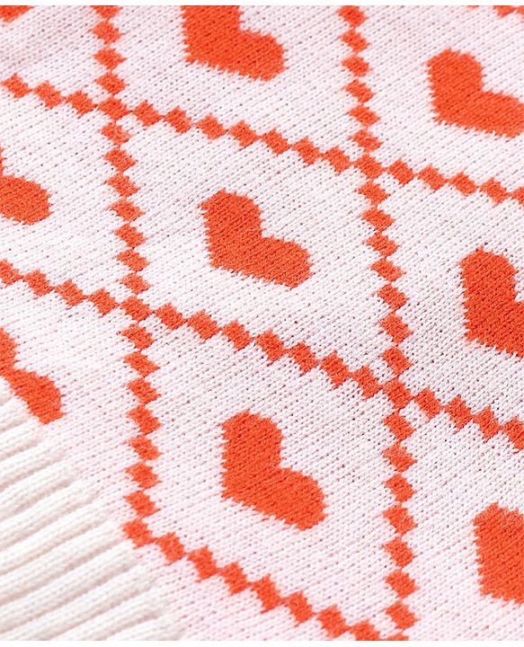 Babyhug Knit Full Sleeves Sweater Set with Heart Design -Orange & Off White