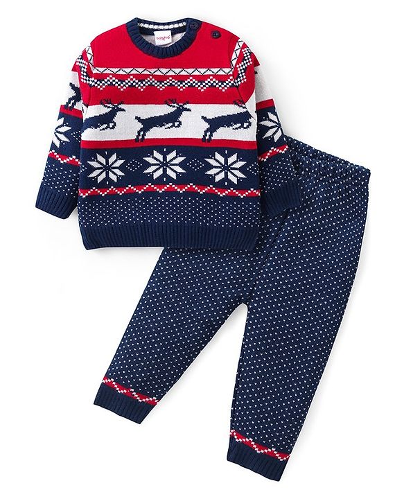 Babyhug Knit Full Sleeves Sweater Set with Intarsia Design -Navy Blue