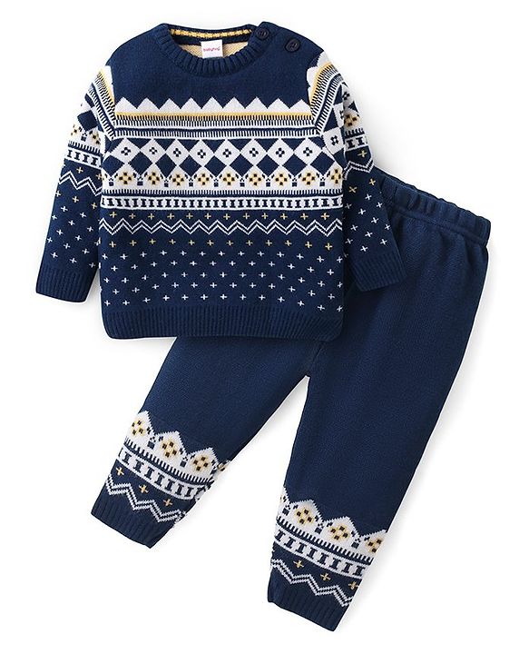 Babyhug Knit Full Sleeves Sweater Set with Aztec Design -Navy Blue