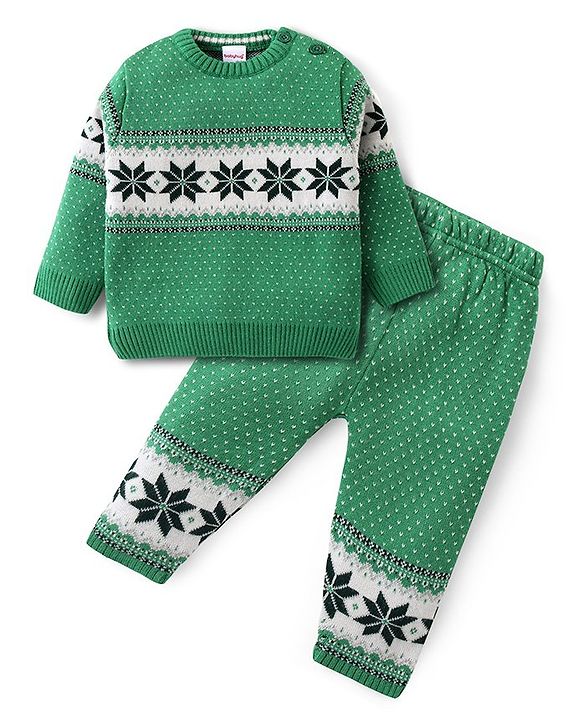 Babyhug Knit Full Sleeves Sweater Set with Intarsia Design -Light Green