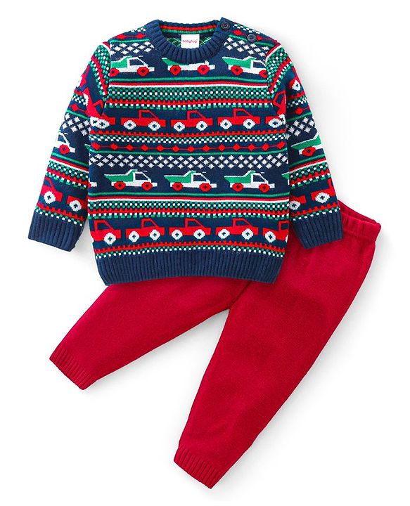 Babyhug Knit Full Sleeves Sweater Set with Aztec & Cars Design - Multicolour