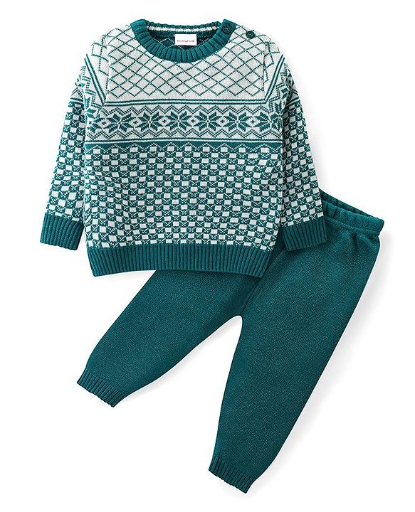 Babyhug Knit Full Sleeves Sweater Set with Argyle Design - Green