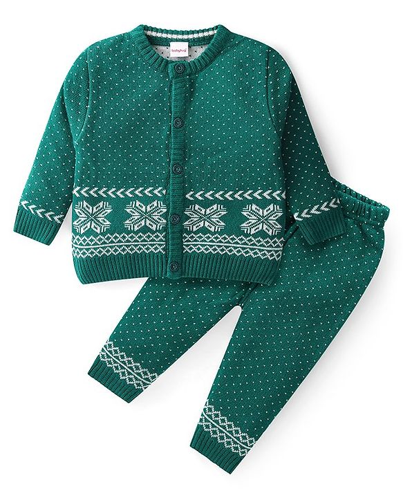 Babyhug Knit Full Sleeves Front Open Sweater Set with Polka Dot Design - Green