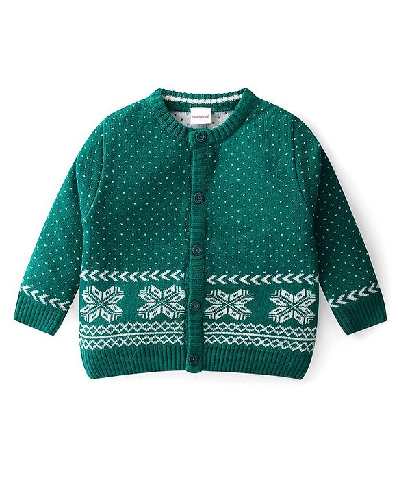 Babyhug Knit Full Sleeves Front Open Sweater Set with Polka Dot Design - Green