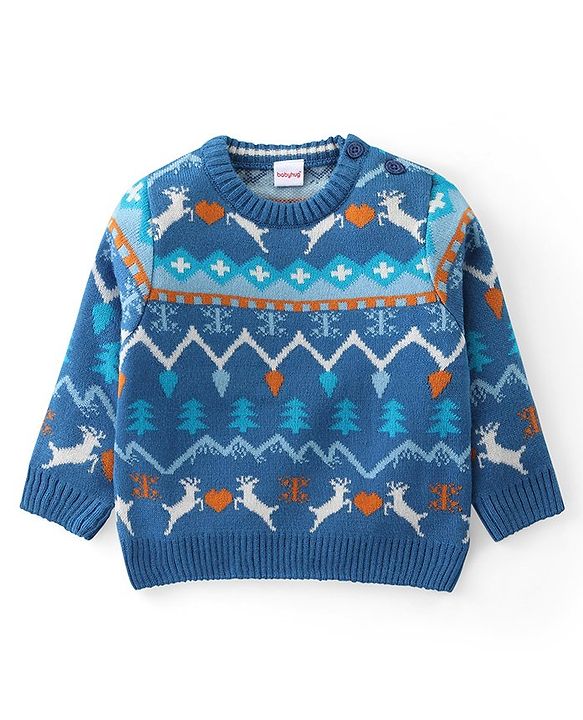 Babyhug Knit Full Sleeves Sweater Set with Aztec & Reindeer Design - Blue