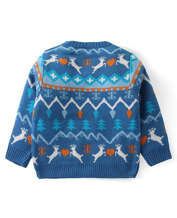 Babyhug Knit Full Sleeves Sweater Set with Aztec & Reindeer Design - Blue