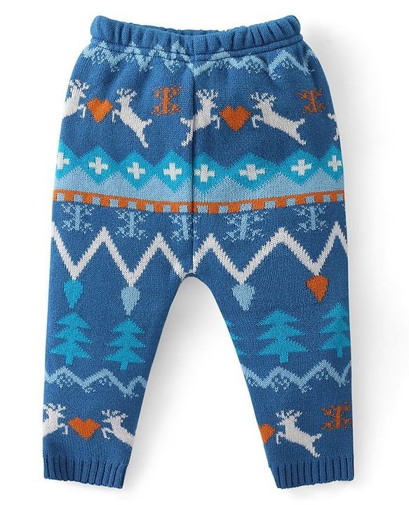 Babyhug Knit Full Sleeves Sweater Set with Aztec & Reindeer Design - Blue