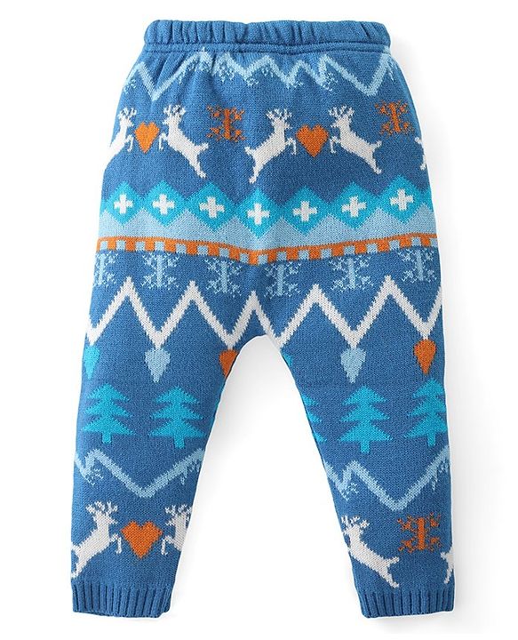 Babyhug Knit Full Sleeves Sweater Set with Aztec & Reindeer Design - Blue