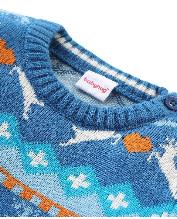 Babyhug Knit Full Sleeves Sweater Set with Aztec & Reindeer Design - Blue