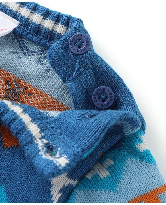 Babyhug Knit Full Sleeves Sweater Set with Aztec & Reindeer Design - Blue