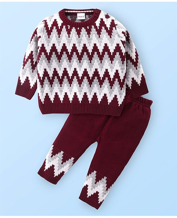 Babyhug Knitted Full Sleeves Pullover Sweater Set with Chevron Design - Maroon