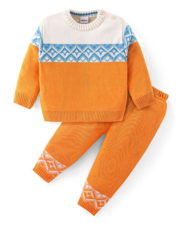 Babyhug Knit Full Sleeves Sweater Set With Colour Block Design - Orange