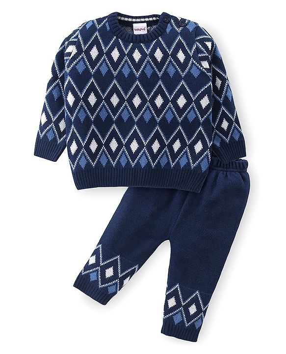 Babyhug Knitted Full Sleeves Pullover Sweater Set with Diamond Design - Navy Blue