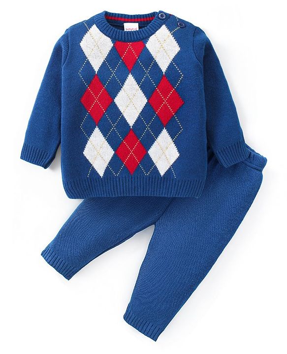 Babyhug Knitted Full Sleeves Sweater Set with Cosby Argyle Design  - Blue