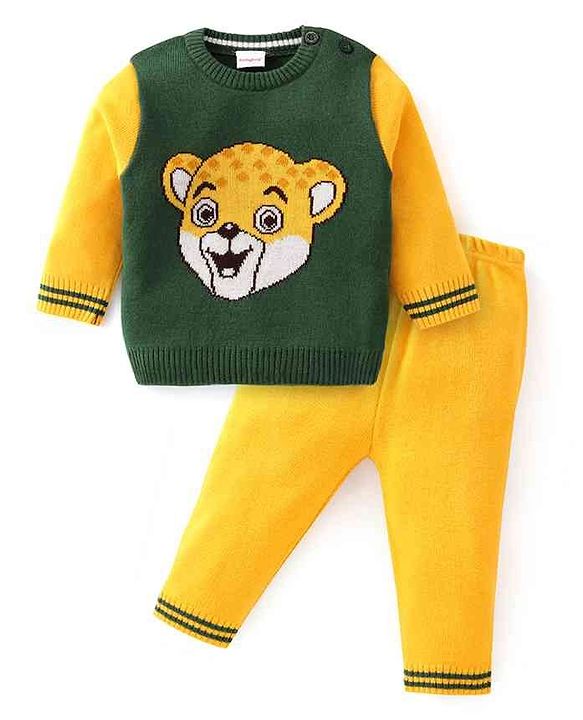 Babyhug Knit Full Sleeves Sweater Set With Animal Design - Green & Yellow