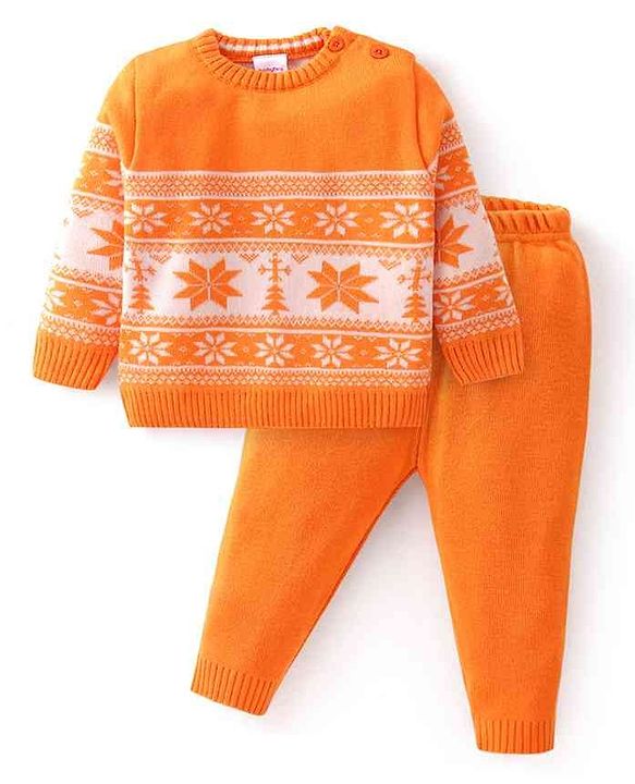 Babyhug Knit Full Sleeves Sweater Set With Floral Design - Orange