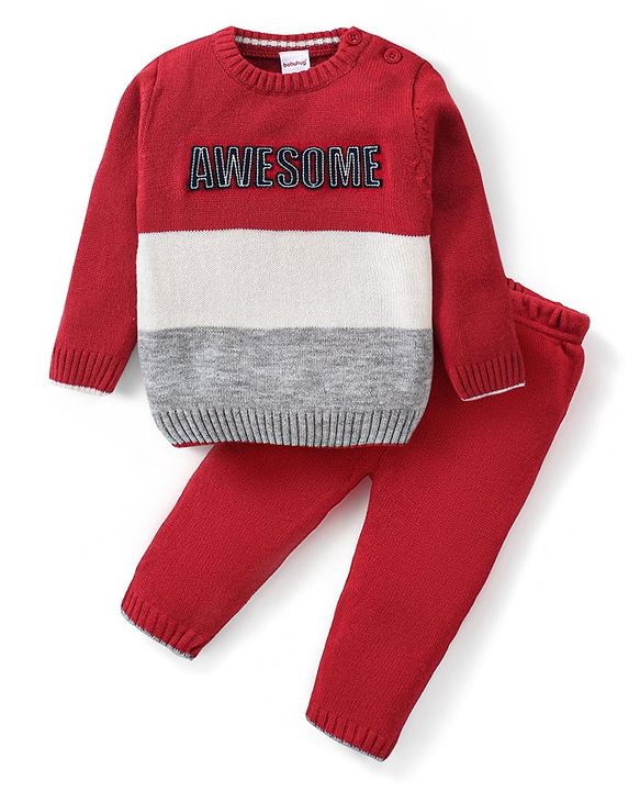Babyhug Knitted Full Sleeves Pullover Sweater Set with Text Embroidery - Red & Grey