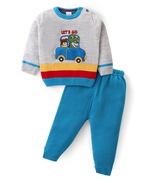 Babyhug Knitted Full Sleeves Pullover Sweater Set With Stripes & Dino Embroidery - Blue & Light Grey