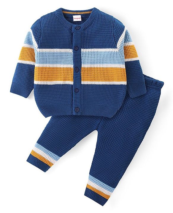 Babyhug Knitted Full Sleeves Front Open Sweater Set With Stripes Design - Navy Blue