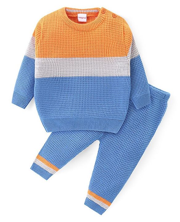Babyhug Knitted Full Sleeves Pullover Sweater & Pant Set With Colour Block Design - Orange & Blue