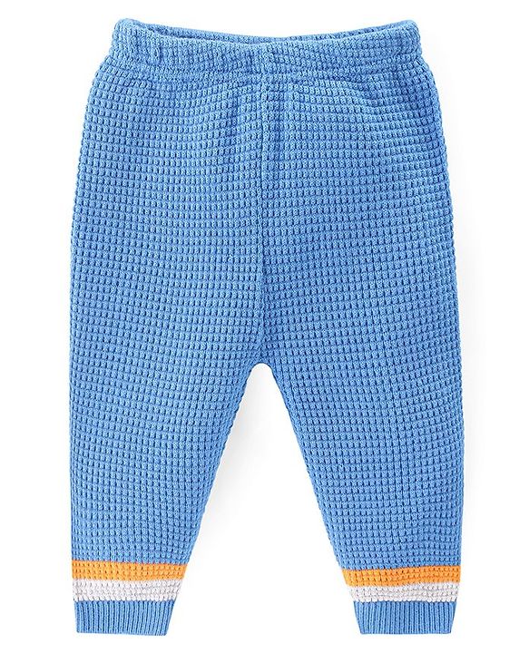 Babyhug Knitted Full Sleeves Pullover Sweater & Pant Set With Colour Block Design - Orange & Blue