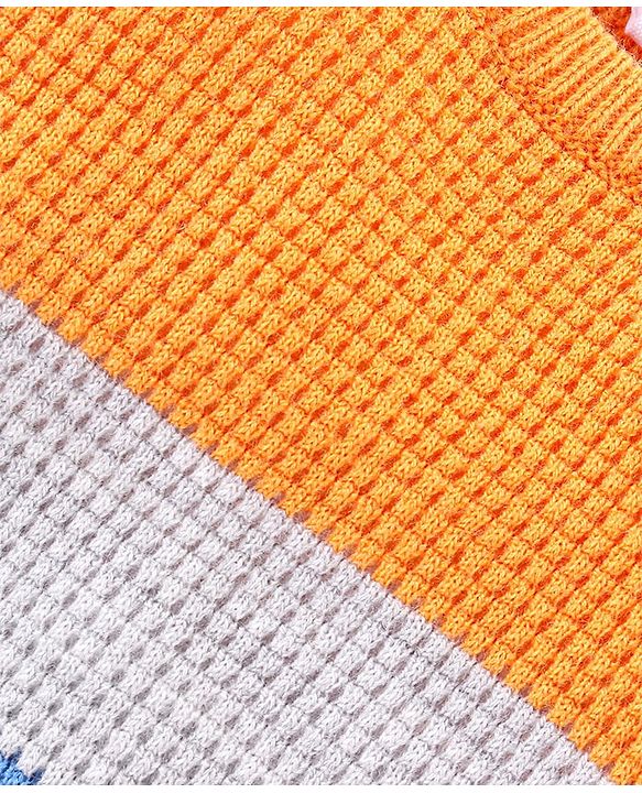 Babyhug Knitted Full Sleeves Pullover Sweater & Pant Set With Colour Block Design - Orange & Blue