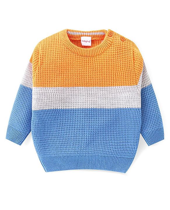 Babyhug Knitted Full Sleeves Pullover Sweater & Pant Set With Colour Block Design - Orange & Blue
