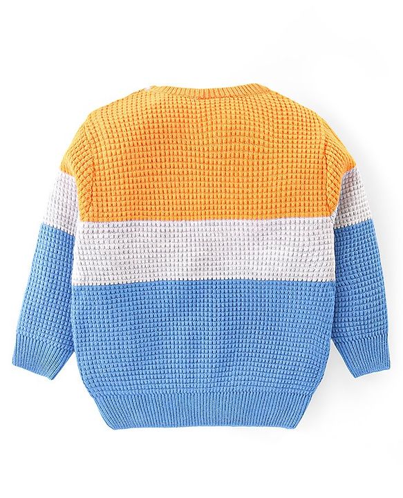 Babyhug Knitted Full Sleeves Pullover Sweater & Pant Set With Colour Block Design - Orange & Blue