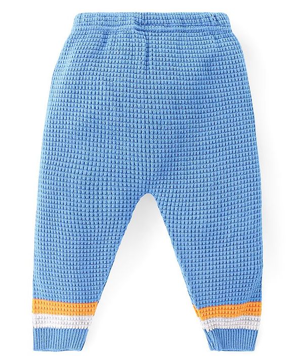 Babyhug Knitted Full Sleeves Pullover Sweater & Pant Set With Colour Block Design - Orange & Blue