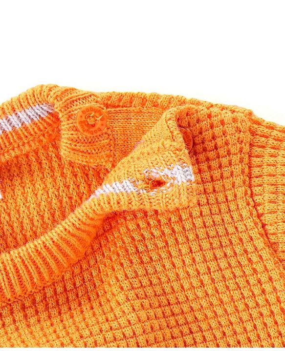 Babyhug Knitted Full Sleeves Pullover Sweater & Pant Set With Colour Block Design - Orange & Blue