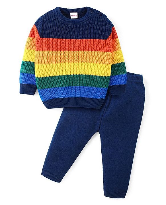 Babyhug Knitted Full Sleeves Pullover Sweater Set With Stripes Design - Navy Blue
