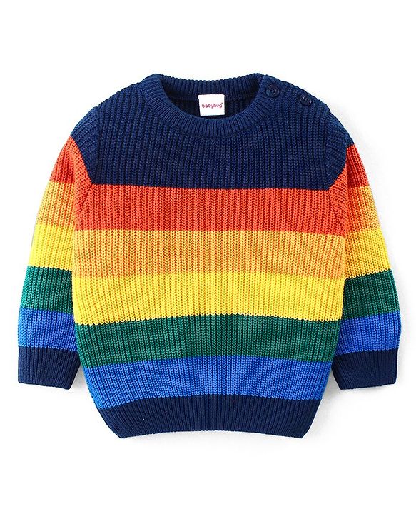 Babyhug Knitted Full Sleeves Pullover Sweater Set With Stripes Design - Navy Blue