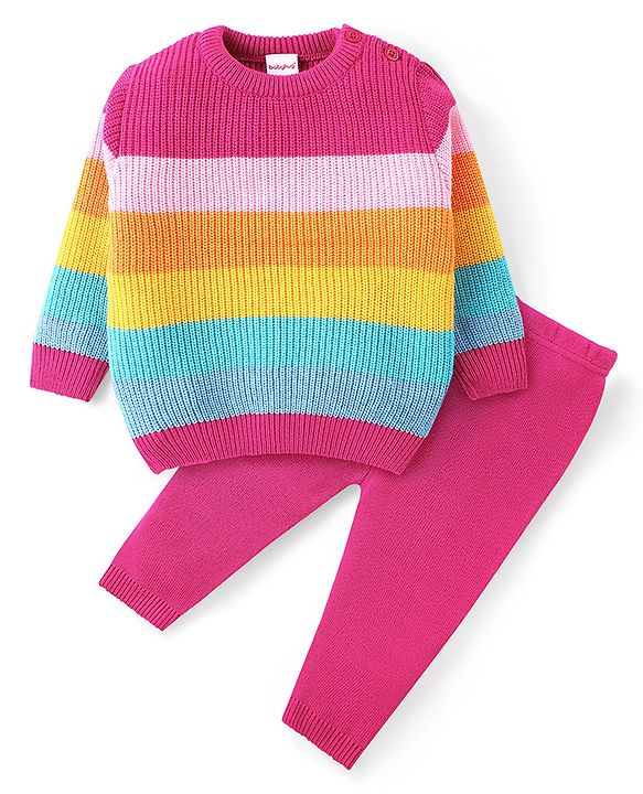 Babyhug Knit Full Sleeves Striped Sweater Set - Pink