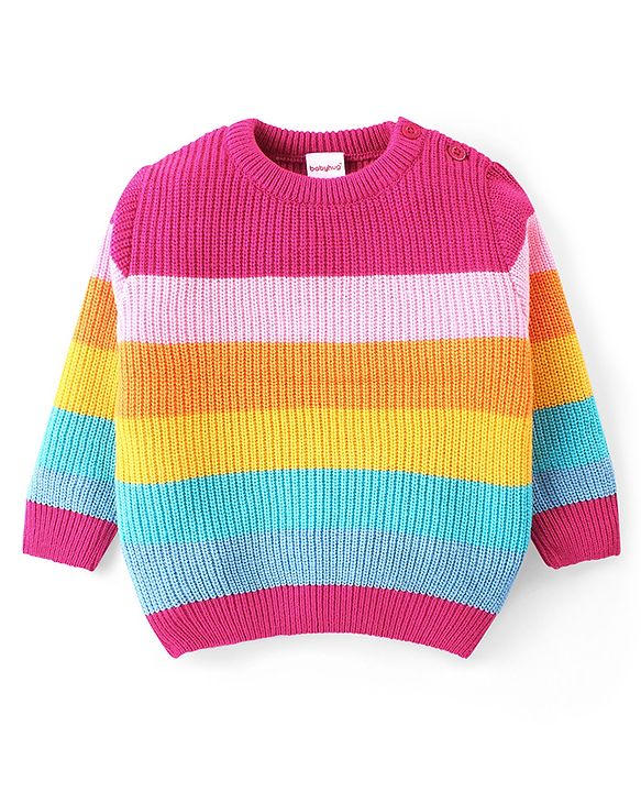 Babyhug Knit Full Sleeves Striped Sweater Set - Pink
