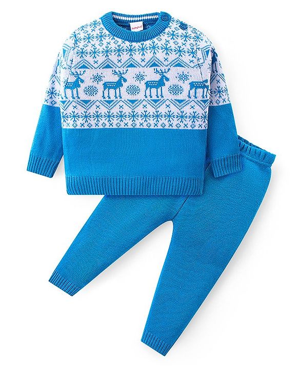 Babyhug Knit Full Sleeves Sweater Set Reindeer Design - Blue
