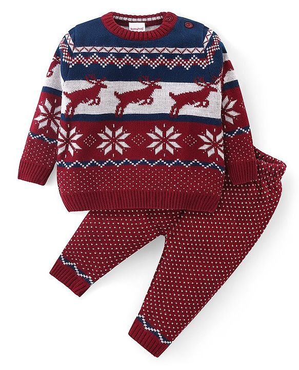 Babyhug Knitted Full Sleeves Pullover Sweater & Pant Set With Reindeer & Floral Design - Maroon