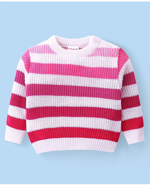 Babyhug Knitted Full Sleeves Pullover Sweater Set With Stripes Design - Pink