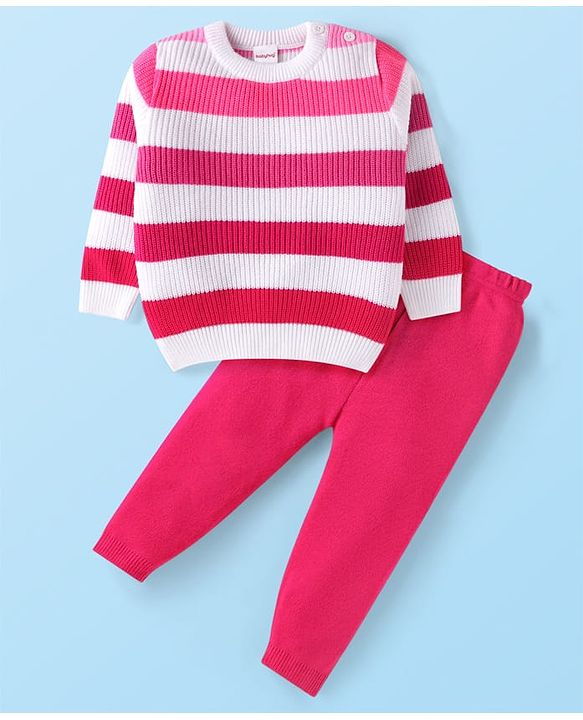 Babyhug Knitted Full Sleeves Striped Pullover Sweater Set - Dark Pink