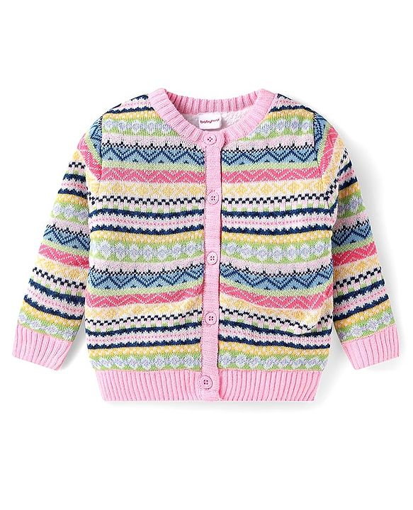 Babyhug Knitted Full Sleeves Front Open Sweater with  Design - Pink & Yellow