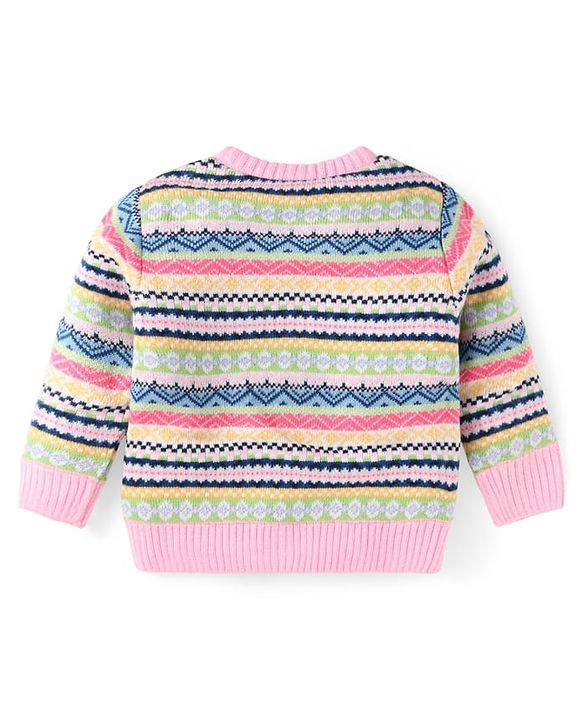 Babyhug Knitted Full Sleeves Front Open Sweater with  Design - Pink & Yellow