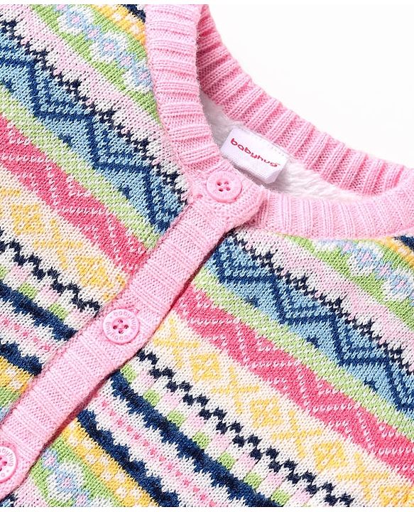 Babyhug Knitted Full Sleeves Front Open Sweater with  Design - Pink & Yellow