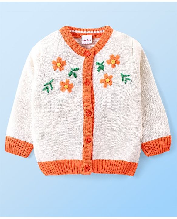 Babyhug Knitted Full Sleeves Front Open Sweater with Floral Embroidery - Orange & White