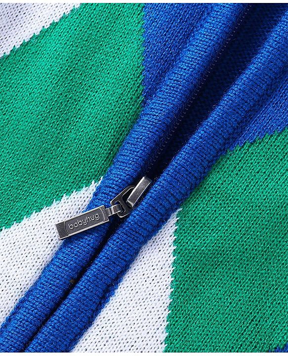 Babyhug Knitted Full Sleeves Front Open Hooded Sweater With Colour Block - Blue