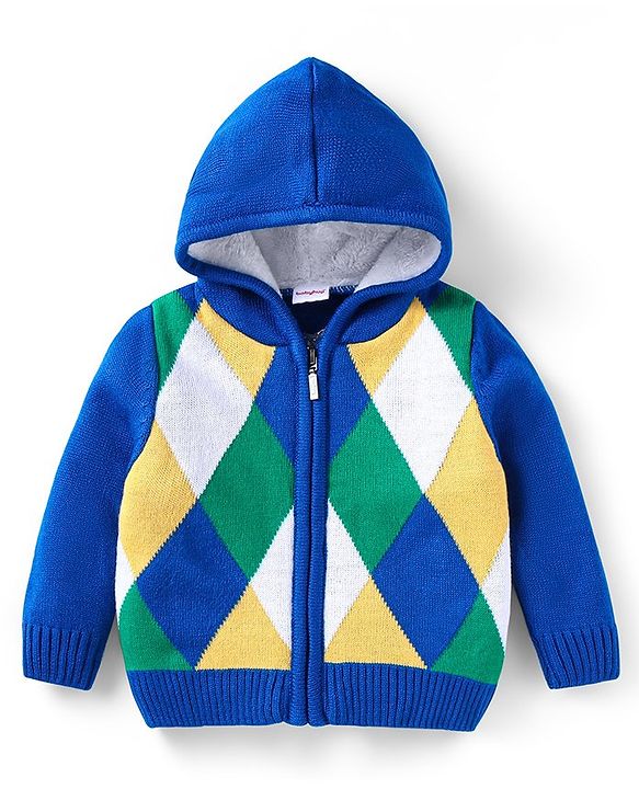 Babyhug Knitted Full Sleeves Front Open Hooded Sweater With Colour Block - Blue