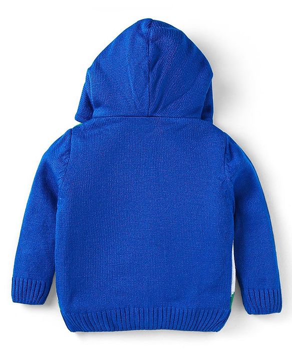 Babyhug Knitted Full Sleeves Front Open Hooded Sweater With Colour Block - Blue