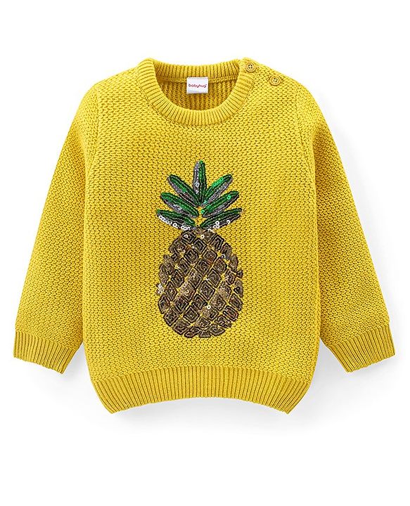 Babyhug Knitted Full Sleeves Pullover Sweater with Sequin Pineapple Design - Light Yellow
